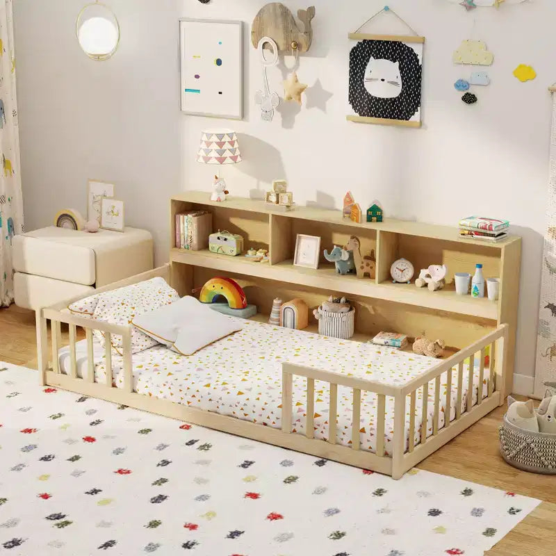 Twin Size Montessori Floor Bed with Bookcase Storage Shelves & Safety Fence Rails Pink/Natural/White/Gray