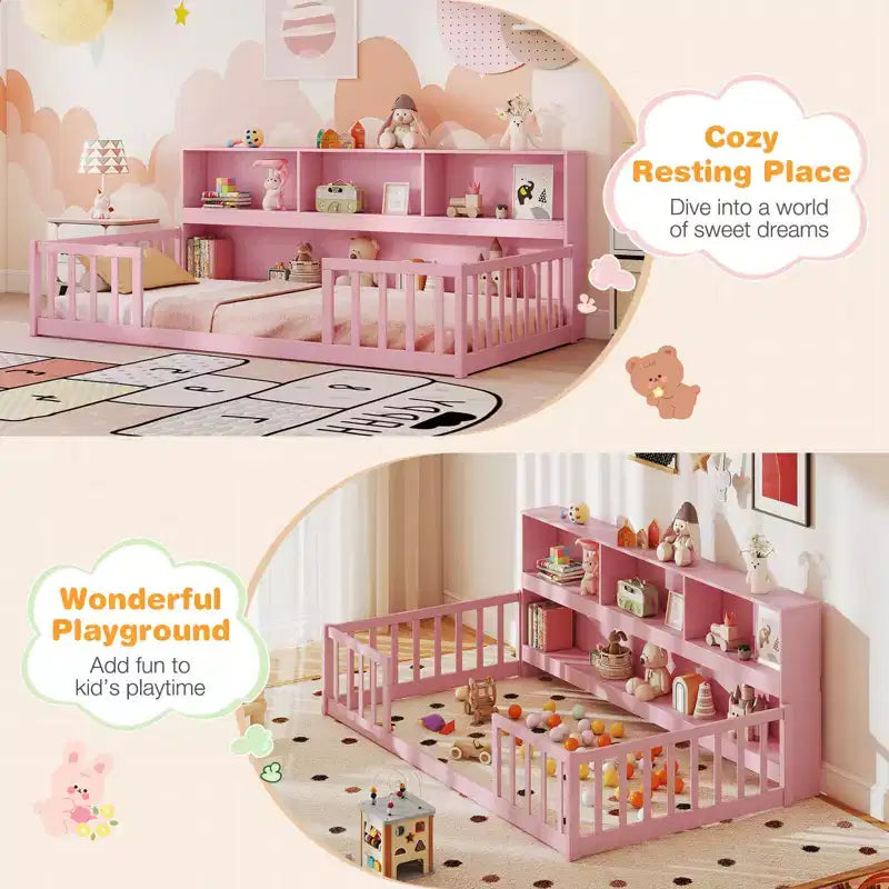 Lit au sol Montessori une place avec étagères de rangement et barrières de sécurité Rose/Naturel/Blanc/Gris
