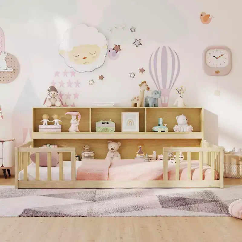 Twin Size Montessori Floor Bed with Bookcase Storage Shelves & Safety Fence Rails Pink/Natural/White/Gray