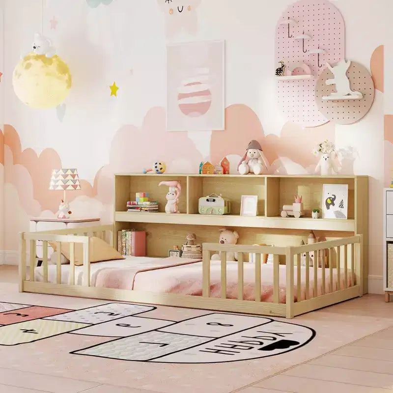 Twin Size Montessori Floor Bed with Bookcase Storage Shelves & Safety Fence Rails Pink/Natural/White/Gray