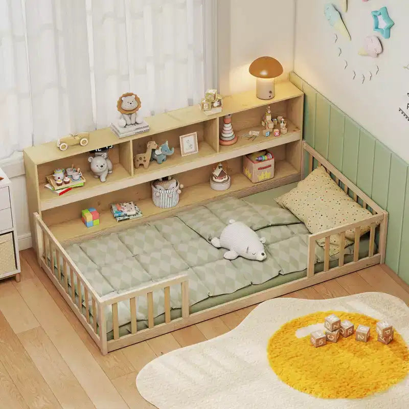 Lit au sol Montessori une place avec étagères de rangement et barrières de sécurité Rose/Naturel/Blanc/Gris