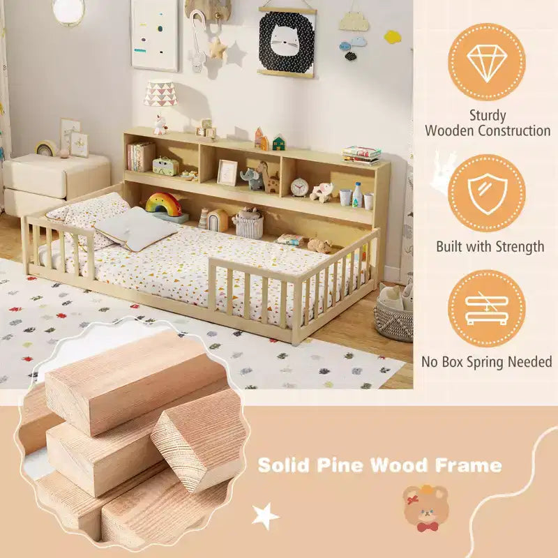 Lit au sol Montessori une place avec étagères de rangement et barrières de sécurité Rose/Naturel/Blanc/Gris