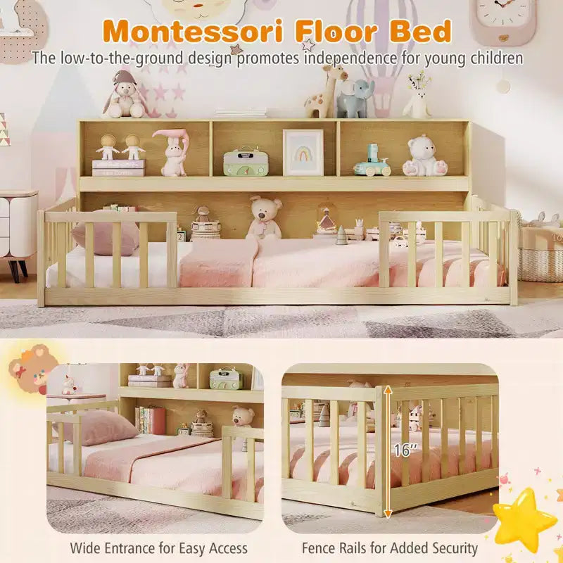 Lit au sol Montessori une place avec étagères de rangement et barrières de sécurité Rose/Naturel/Blanc/Gris