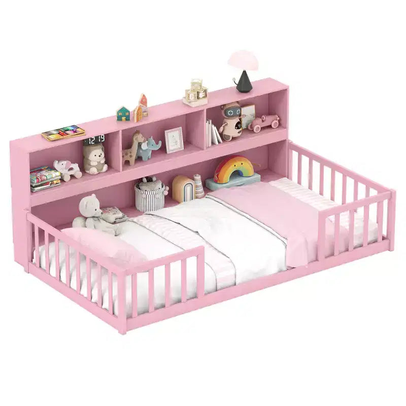 Twin Size Montessori Floor Bed with Bookcase Storage Shelves & Safety Fence Rails Pink/Natural/White/Gray