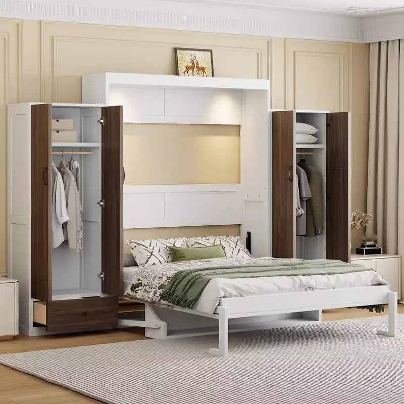 Full/Queen Murphy Bed Wall Bed with Closet, Cabinet Bed Folding Wall Bed with Storage Drawers and Desk for Guest Room Office