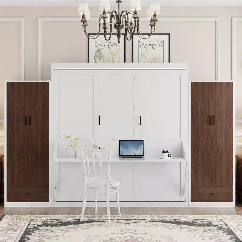Full/Queen Murphy Bed Wall Bed with Closet, Cabinet Bed Folding Wall Bed with Storage Drawers and Desk for Guest Room Office