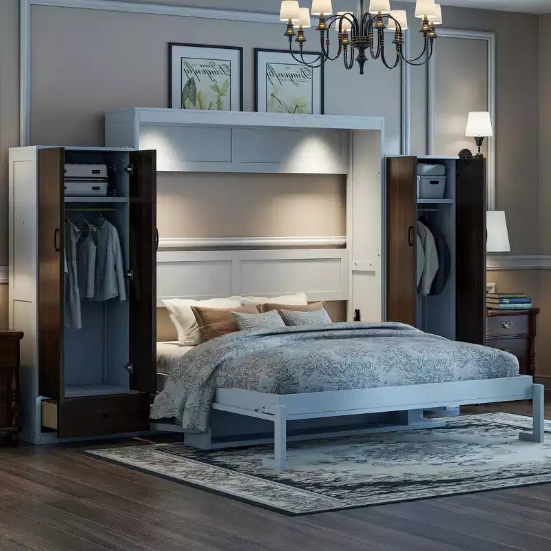 Full/Queen Murphy Bed Wall Bed with Closet, Cabinet Bed Folding Wall Bed with Storage Drawers and Desk for Guest Room Office