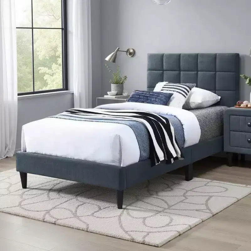 Royal Hampton Twin Bed, Soft Biscuit Tufted Charcoal Gray Linen Upholstery