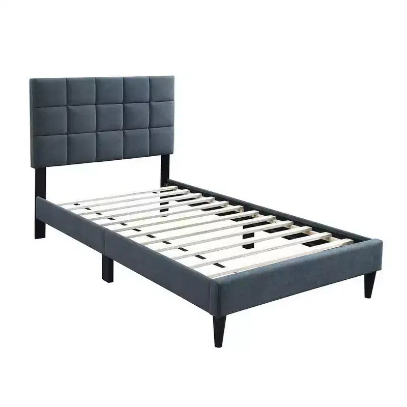 Twin Bed, Soft Biscuit Tufted Charcoal Gray Linen Upholstery