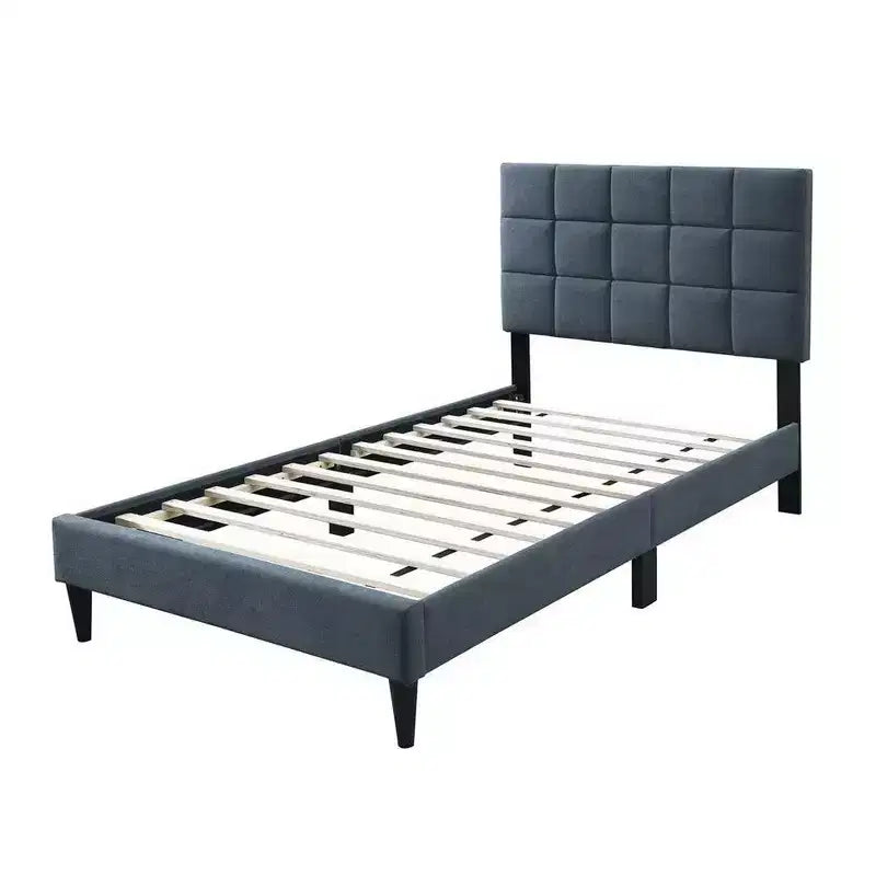 Twin Bed, Soft Biscuit Tufted Charcoal Gray Linen Upholstery