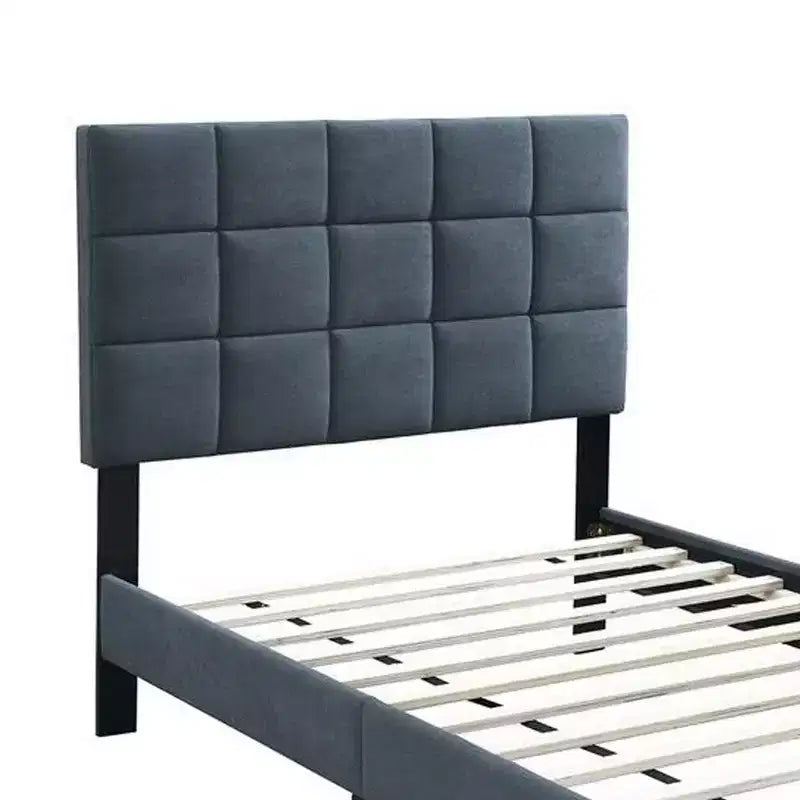 Twin Bed, Soft Biscuit Tufted Charcoal Gray Linen Upholstery