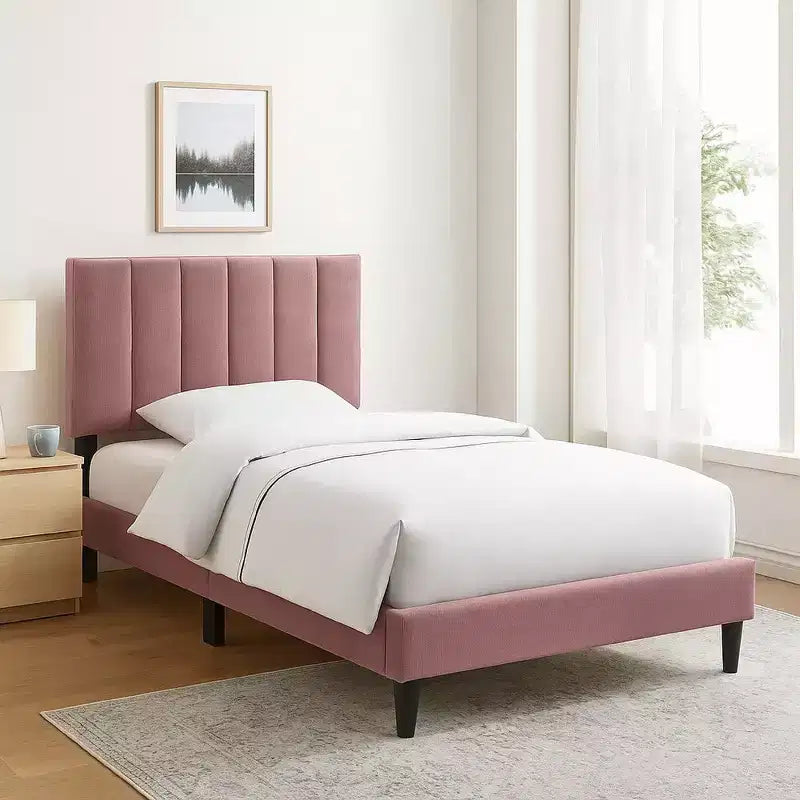 Royal Hampton Full Size Bed, Blush Pink Linen Upholstery, Channel Tufted