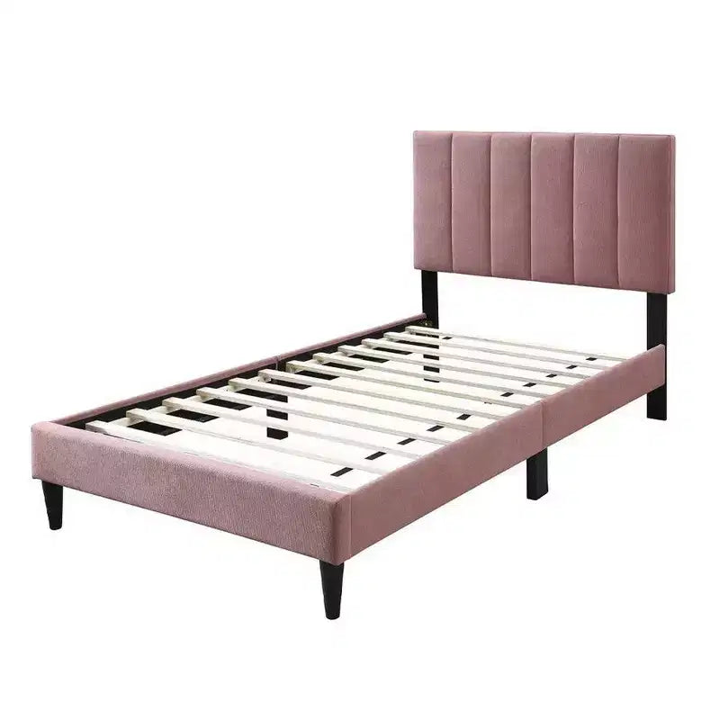 Full Size Bed, Blush Pink Linen Upholstery, Channel Tufted
