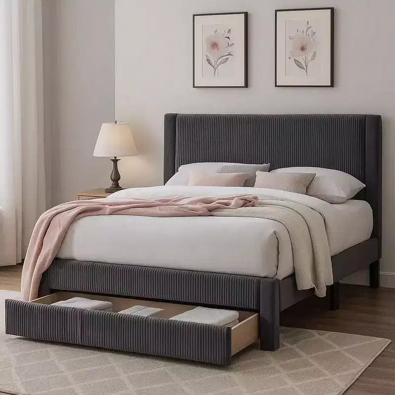 Royal Hampton Full Bed w Drawer, Dark Gray Corduroy Upholstery, Foam Headboard