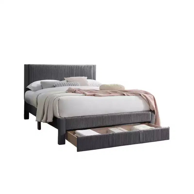 Full Bed w Drawer, Dark Gray Corduroy Upholstery, Foam Headboard