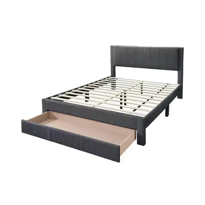 Full Bed w Drawer, Dark Gray Corduroy Upholstery, Foam Headboard