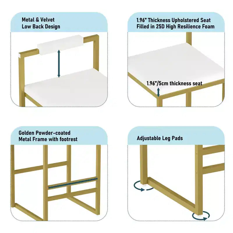 Lot de 2 tabourets de bar en velours rembourrés, tabourets de comptoir de cuisine modernes à hauteur de comptoir avec assise carrée pour îlot de cuisine, salle à manger
