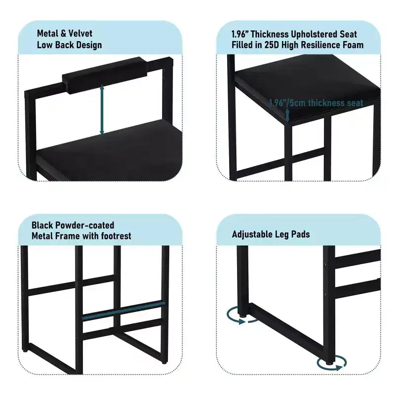 Lot de 2 tabourets de bar en velours rembourrés, tabourets de comptoir de cuisine modernes à hauteur de comptoir avec assise carrée pour îlot de cuisine, salle à manger