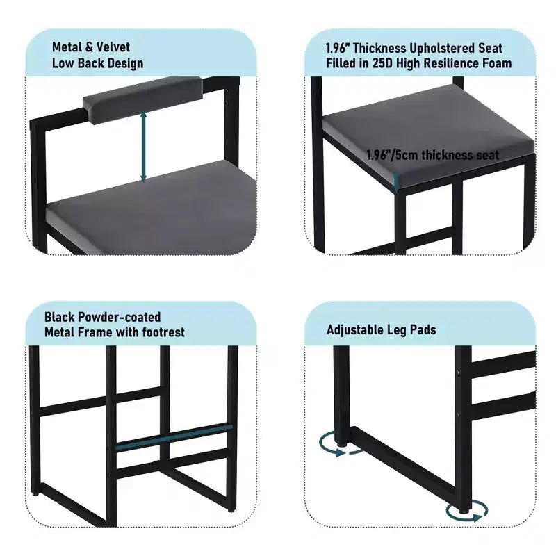 Lot de 2 tabourets de bar en velours rembourrés, tabourets de comptoir de cuisine modernes à hauteur de comptoir avec assise carrée pour îlot de cuisine, salle à manger
