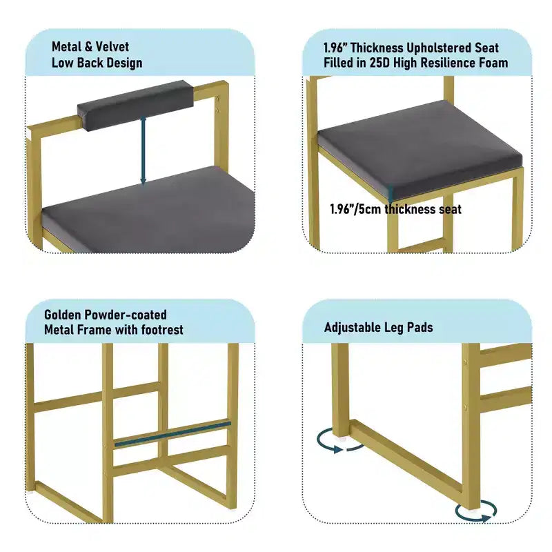 Lot de 2 tabourets de bar en velours rembourrés, tabourets de comptoir de cuisine modernes à hauteur de comptoir avec assise carrée pour îlot de cuisine, salle à manger