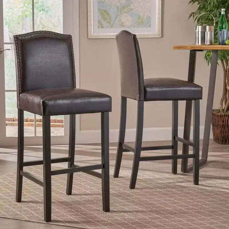 Tabourets de bar modernes minimalistes de hauteur comptoir, lot de 2, en similicuir PU avec dossier en hévéa