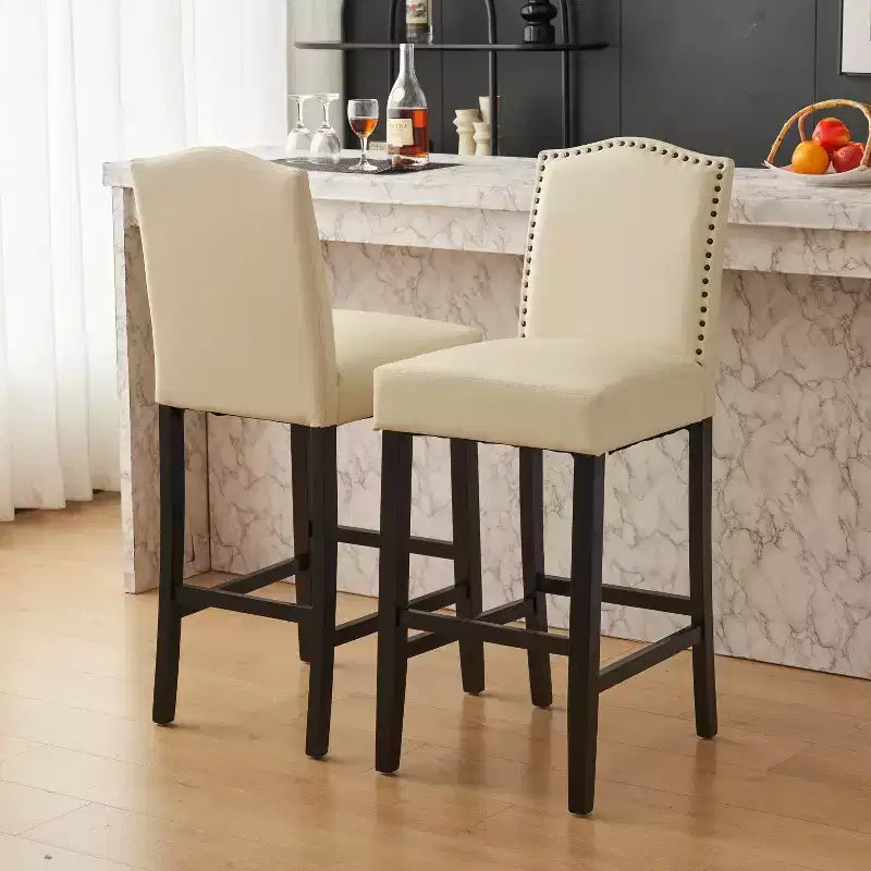 Modern Minimalist Counter Height Bar Stools Set of 2, PU Faux Leather Counter Stools with Rubberwood Backrest