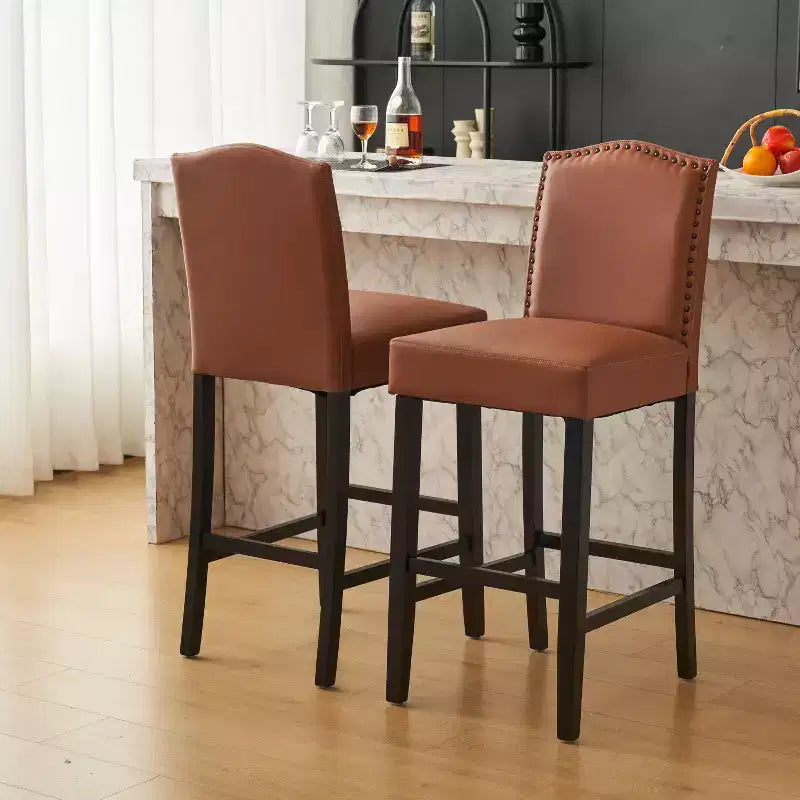 Tabourets de bar modernes minimalistes de hauteur comptoir, lot de 2, en similicuir PU avec dossier en hévéa