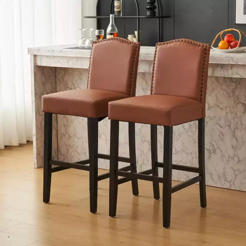 Tabourets de bar modernes minimalistes de hauteur comptoir, lot de 2, en similicuir PU avec dossier en hévéa