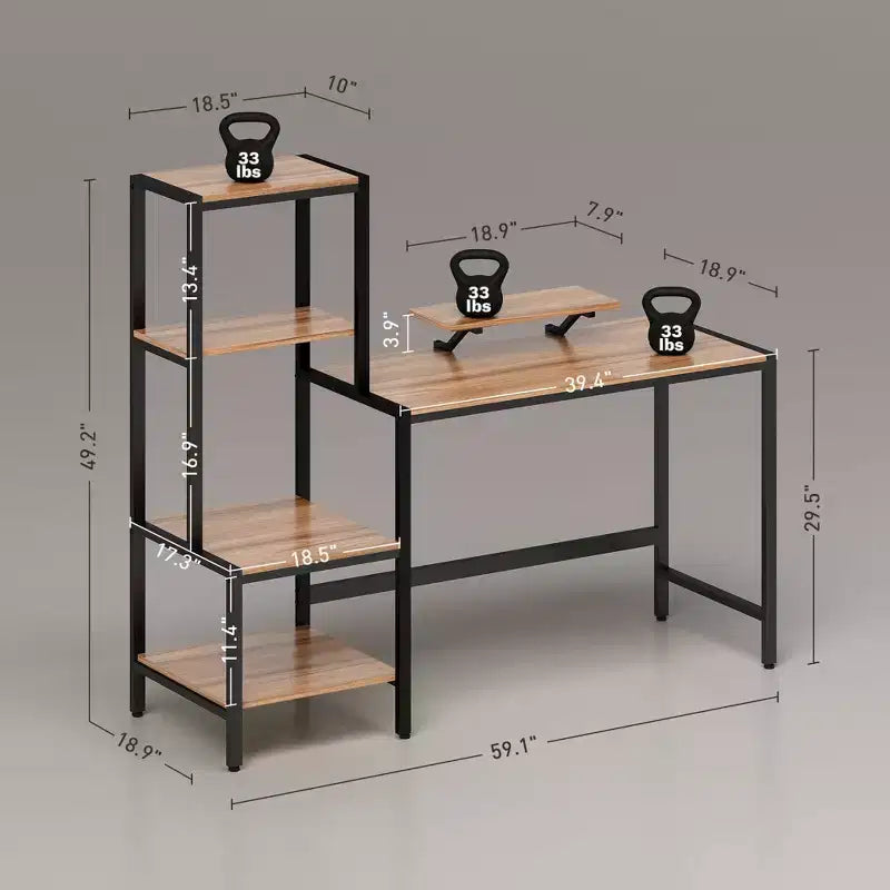 Bureau informatique, bureau pour unité centrale avec support d'écran, étagère réversible à 4 niveaux, bureau d'écriture industriel pour salle d'étude