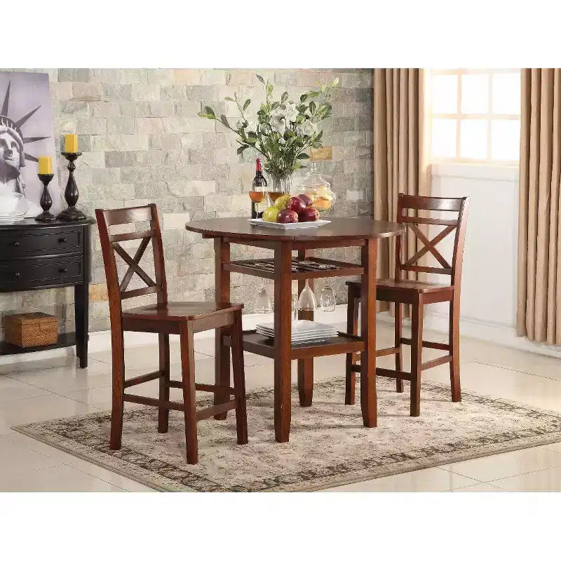 Royal Hampton Round Top Wooden Counter Table with Stemware Rack and 2 Drop Leaves, Brown