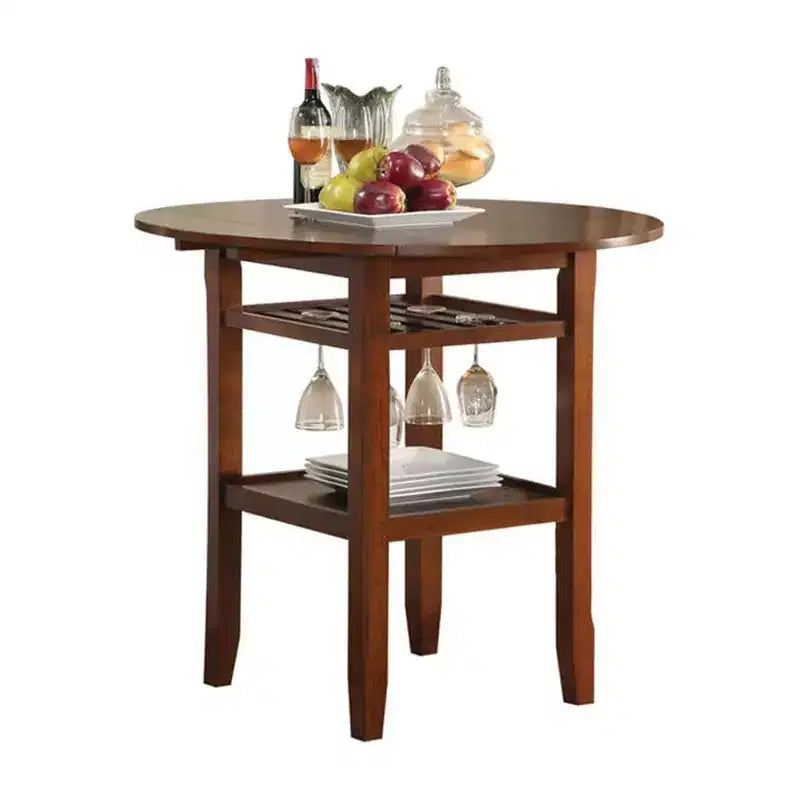Table de bar ronde en bois avec support à verres et 2 rallonges, marron