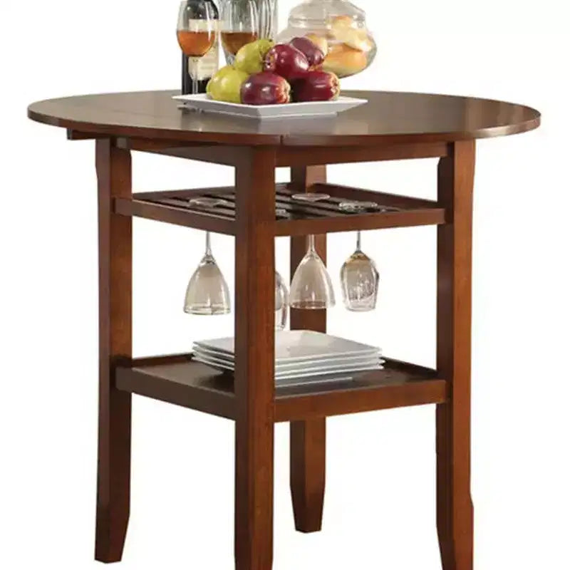 Table de bar ronde en bois avec support à verres et 2 rallonges, marron