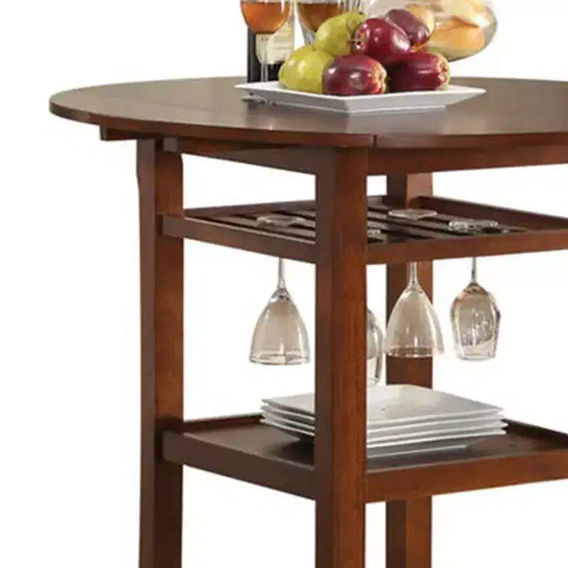 Table de bar ronde en bois avec support à verres et 2 rallonges, marron