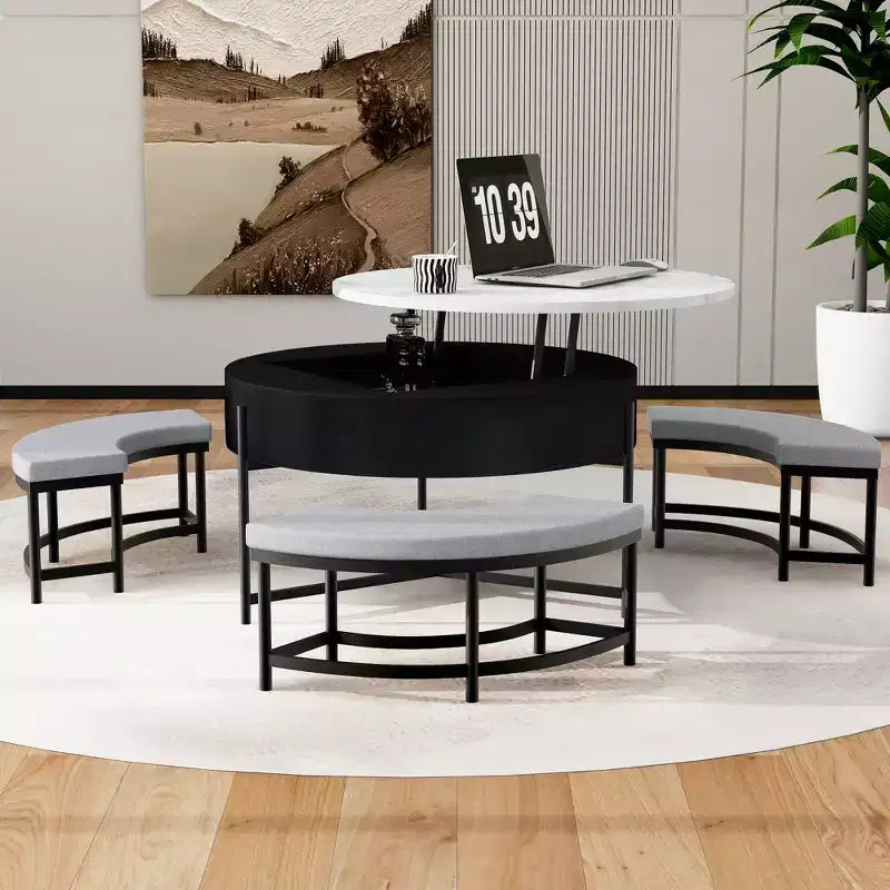 Table basse relevable ronde avec poufs et rangement, ensemble de tables basses dorées avec tabourets dissimulés pour le salon