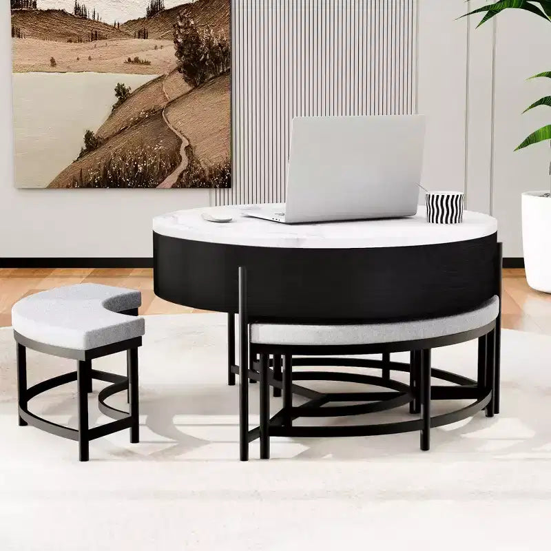 Table basse relevable ronde avec poufs et rangement, ensemble de tables basses dorées avec tabourets dissimulés pour le salon