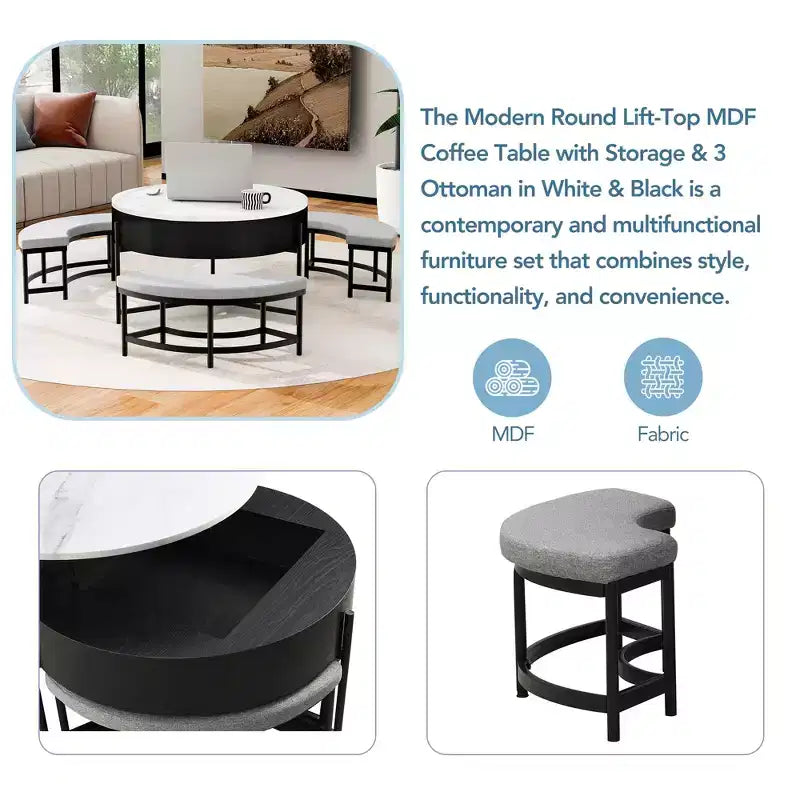 Table basse relevable ronde avec poufs et rangement, ensemble de tables basses dorées avec tabourets dissimulés pour le salon