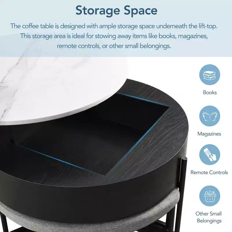 Table basse relevable ronde avec poufs et rangement, ensemble de tables basses dorées avec tabourets dissimulés pour le salon