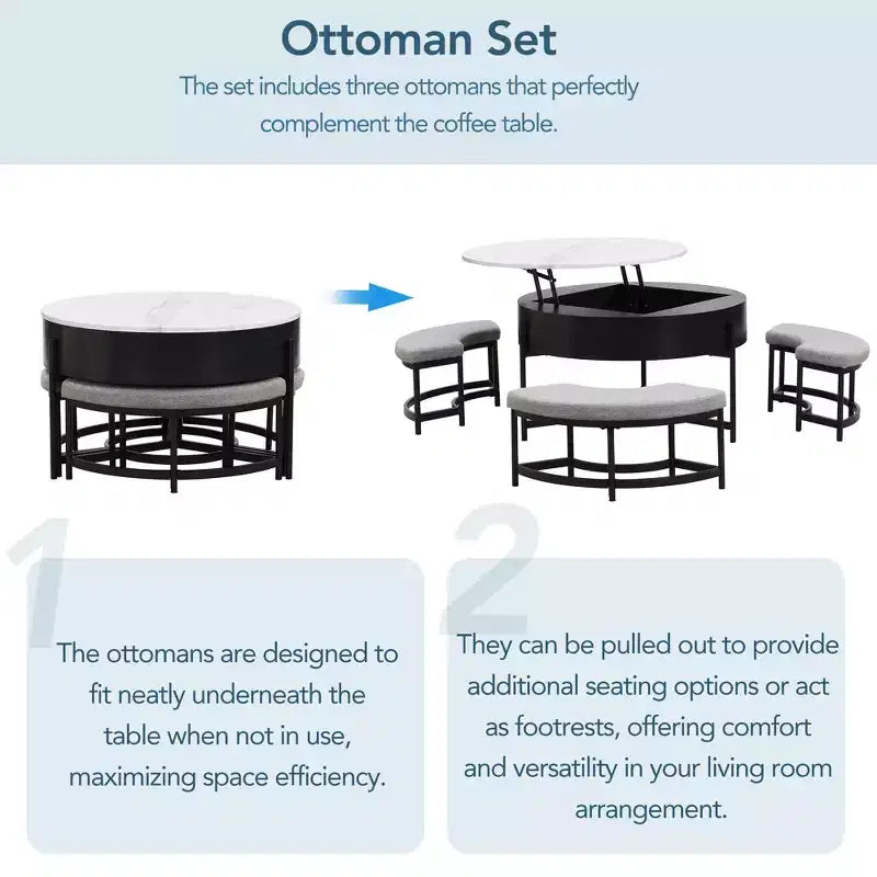 Table basse relevable ronde avec poufs et rangement, ensemble de tables basses dorées avec tabourets dissimulés pour le salon