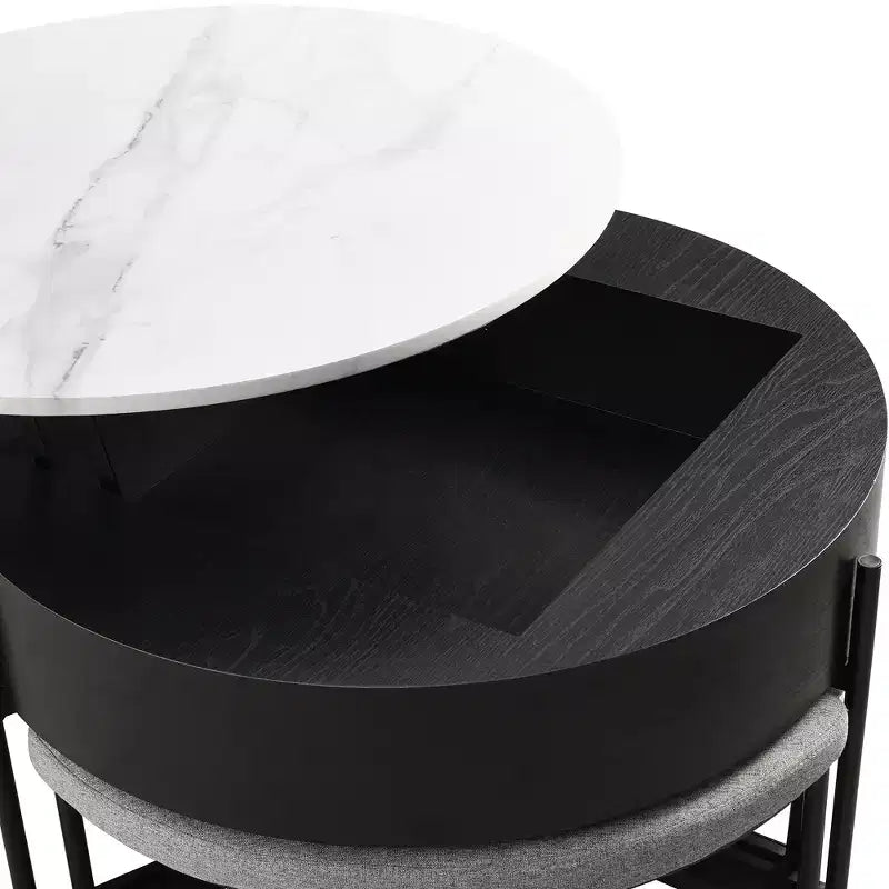 Table basse relevable ronde avec poufs et rangement, ensemble de tables basses dorées avec tabourets dissimulés pour le salon