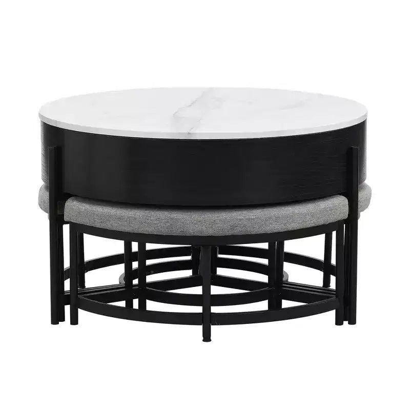 Table basse relevable ronde avec poufs et rangement, ensemble de tables basses dorées avec tabourets dissimulés pour le salon