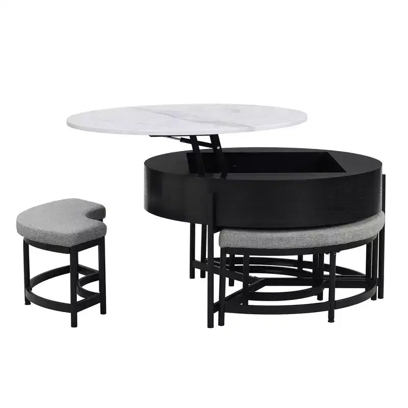 Table basse relevable ronde avec poufs et rangement, ensemble de tables basses dorées avec tabourets dissimulés pour le salon