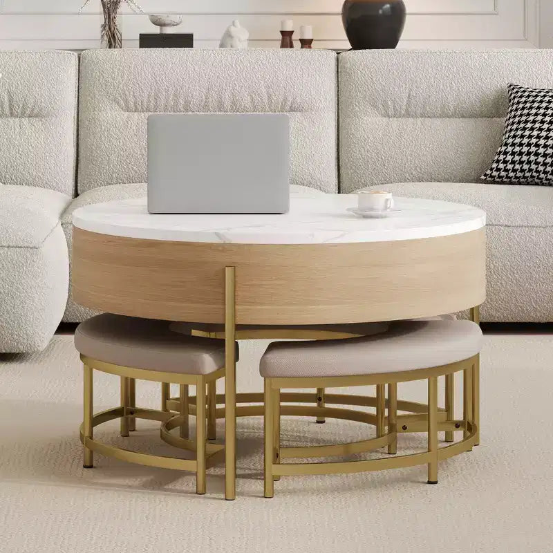 Round Lift-Top Coffee Table with Ottomans and Storage, Gold Center Table Set with Stools Underneath for Living Room