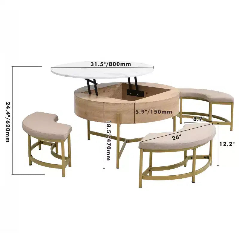Table basse relevable ronde avec poufs et rangement, ensemble de tables basses dorées avec tabourets dissimulés pour le salon