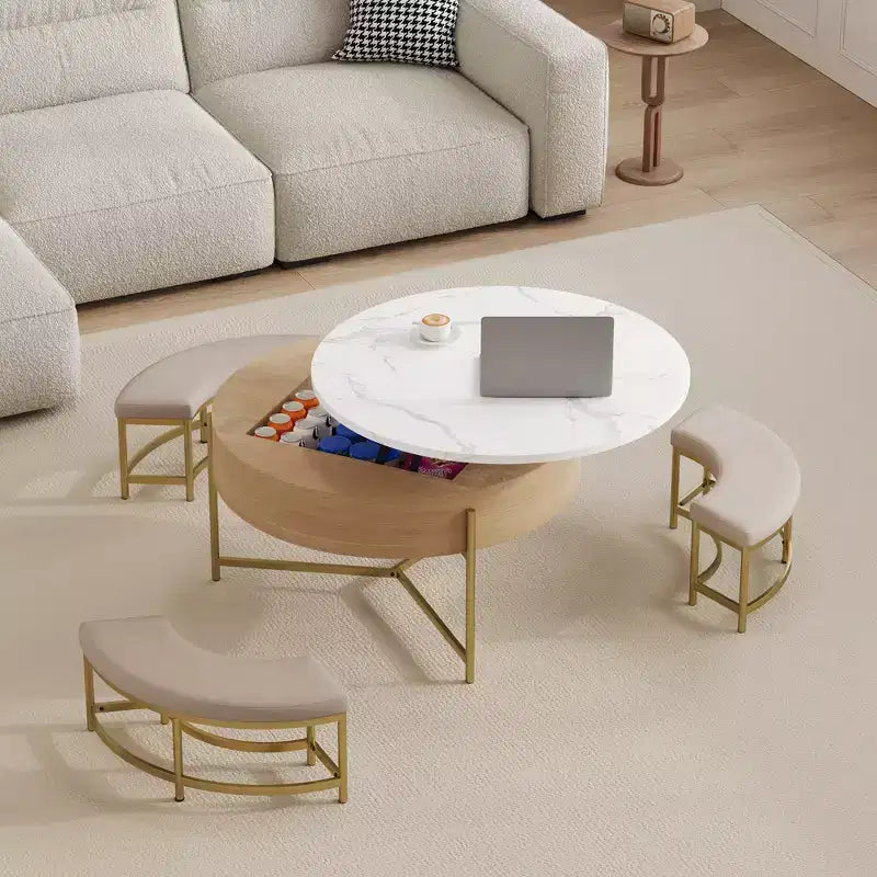 Table basse relevable ronde avec poufs et rangement, ensemble de tables basses dorées avec tabourets dissimulés pour le salon