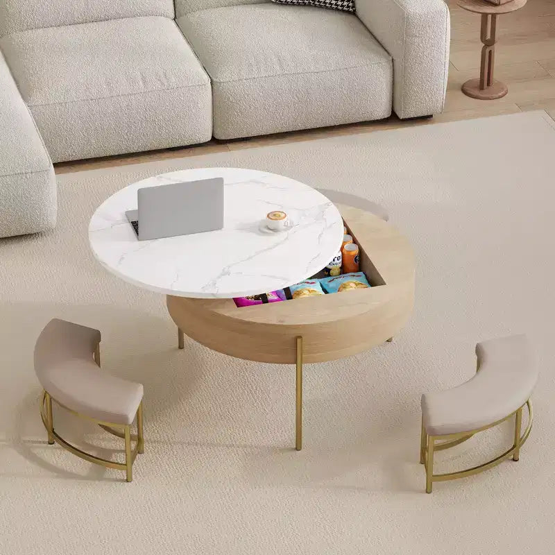 Table basse relevable ronde avec poufs et rangement, ensemble de tables basses dorées avec tabourets dissimulés pour le salon