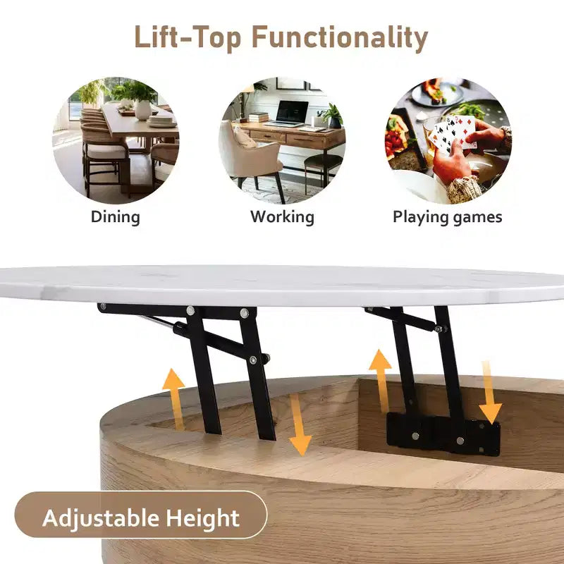 Table basse relevable ronde avec poufs et rangement, ensemble de tables basses dorées avec tabourets dissimulés pour le salon