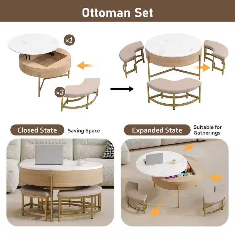 Table basse relevable ronde avec poufs et rangement, ensemble de tables basses dorées avec tabourets dissimulés pour le salon