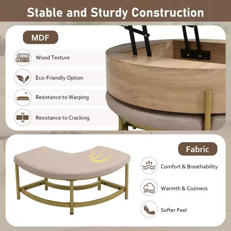 Table basse relevable ronde avec poufs et rangement, ensemble de tables basses dorées avec tabourets dissimulés pour le salon