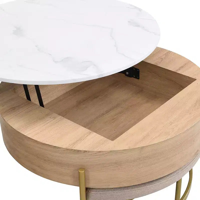 Table basse relevable ronde avec poufs et rangement, ensemble de tables basses dorées avec tabourets dissimulés pour le salon