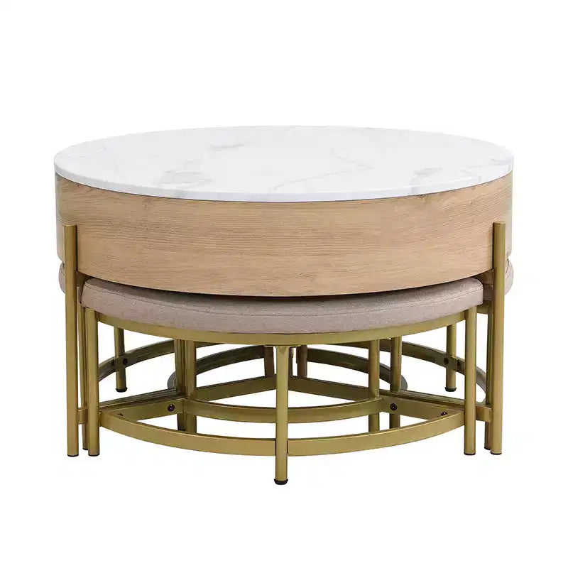 Table basse relevable ronde avec poufs et rangement, ensemble de tables basses dorées avec tabourets dissimulés pour le salon